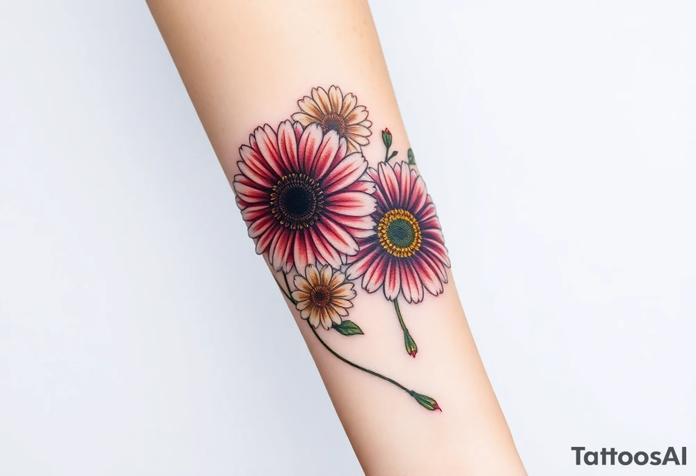 Gerber daisys wrap around wrist to cross on forearm with rich color tattoo idea