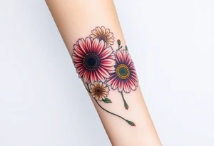 Gerber daisys wrap around wrist to cross on forearm with rich color tattoo idea