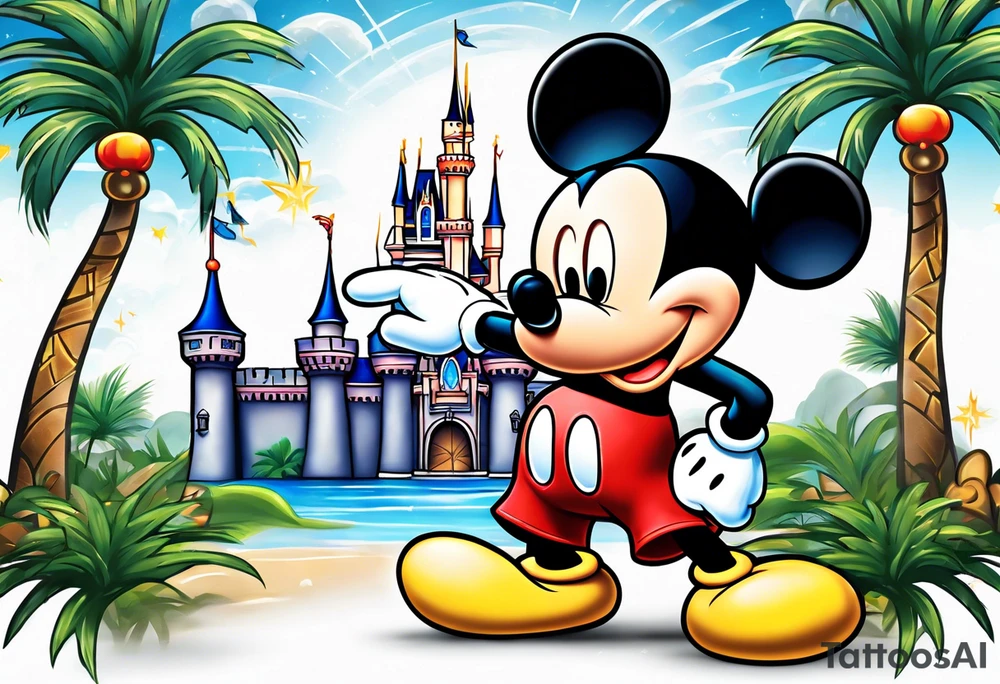 mickey mouse holding lightning with palm trees doing martial arts at the disney castle tattoo idea