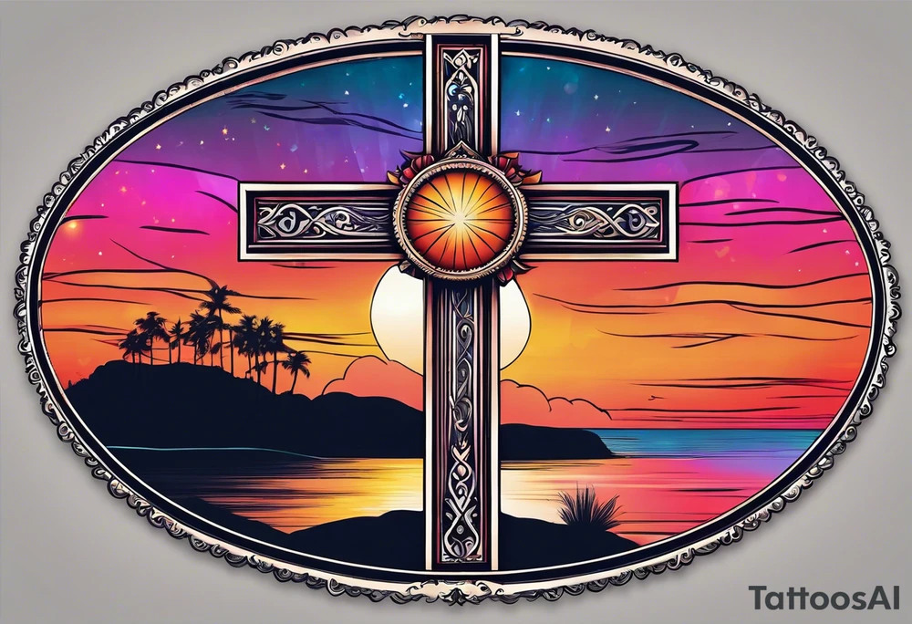 A cross with a ribbon around it with the text stay true to who you are with the colors of a sunset fading out from behind it tattoo idea