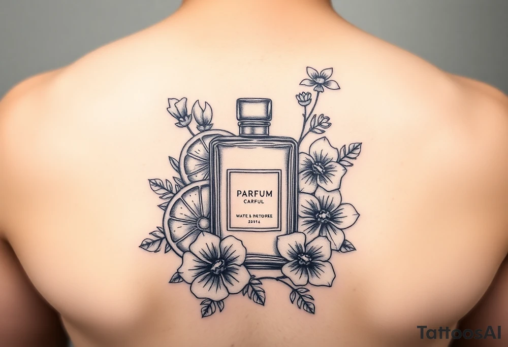 Modern perfume bottle surrounded by sliced citruses, woods, water and violet flowers tattoo idea