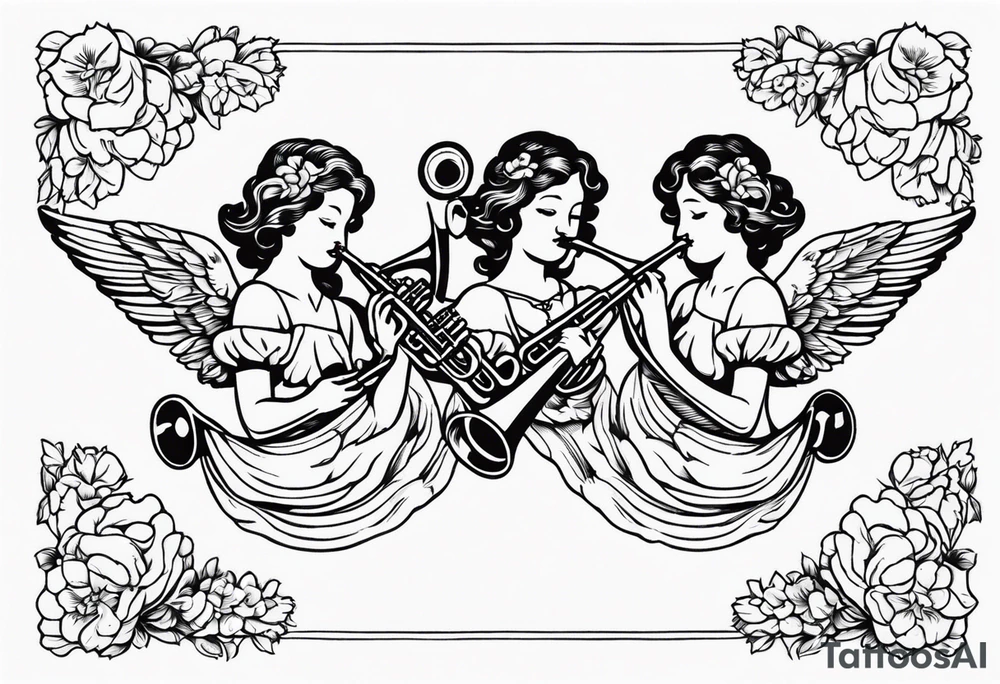 angels with trumpets
old school vintage simple traditional design with vintage flowers surrounding it tattoo idea