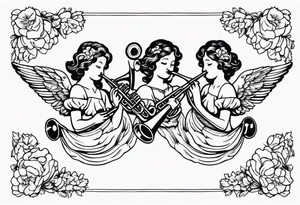 angels with trumpets
old school vintage simple traditional design with vintage flowers surrounding it tattoo idea