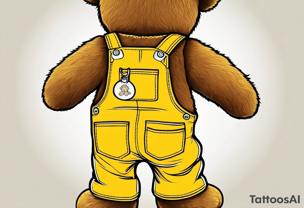 image of the back of a light brown teddy bear standing in yellow overalls, striped tank top and wearing boots and holding the hand of a little girl tattoo idea