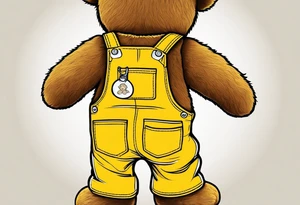 image of the back of a light brown teddy bear standing in yellow overalls, striped tank top and wearing boots and holding the hand of a little girl tattoo idea