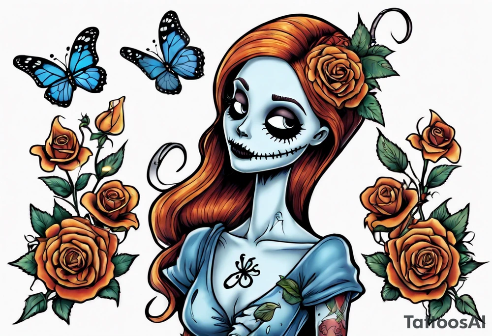 Nightmare before Christmas Sallyholding a flower. With a blue butterfly flying around her. tattoo idea