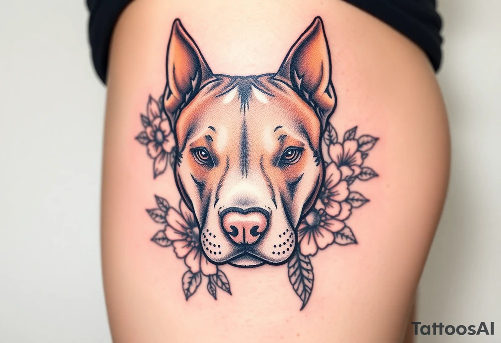 Fawn and white Pitbull head with flowers tattoo idea