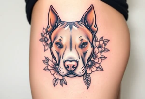 Fawn and white Pitbull head with flowers tattoo idea