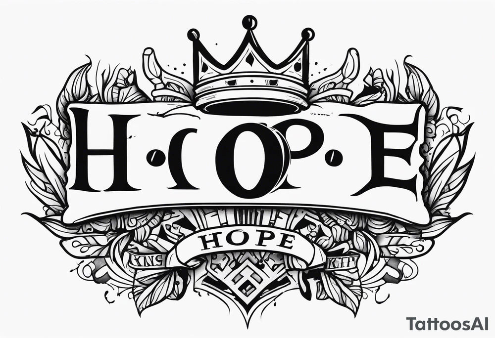 H.o.p.e lettering made with broken clock and king crown tattoo idea