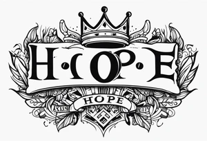 H.o.p.e lettering made with broken clock and king crown tattoo idea