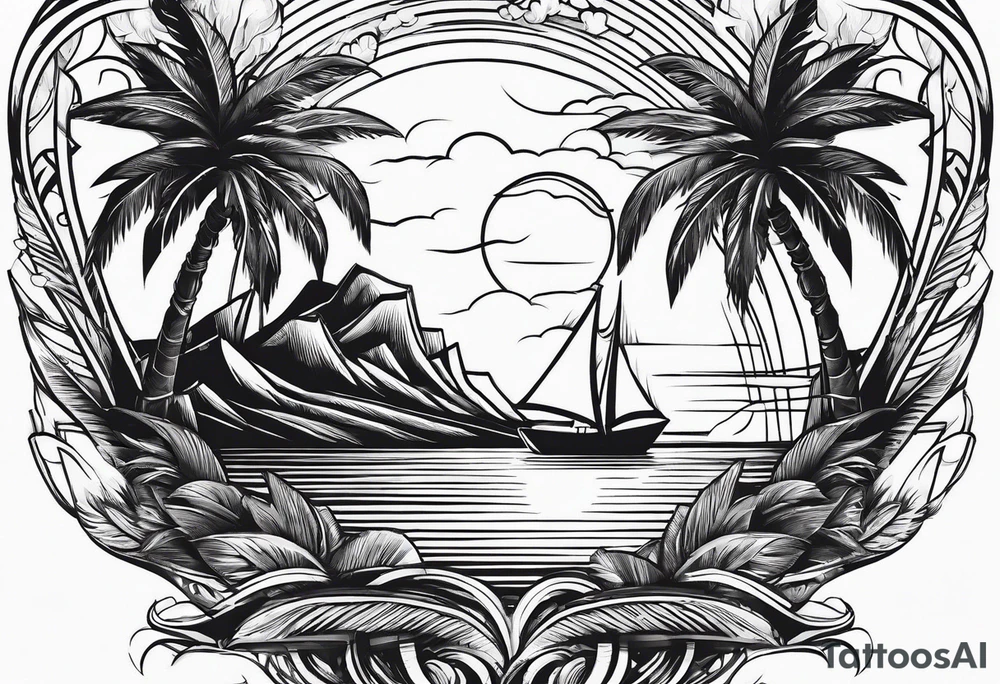 Clean lines palm tree boat sun tattoo idea