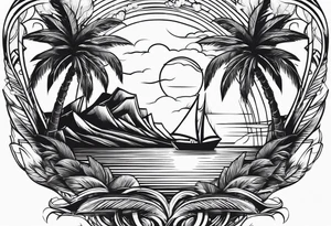 Clean lines palm tree boat sun tattoo idea