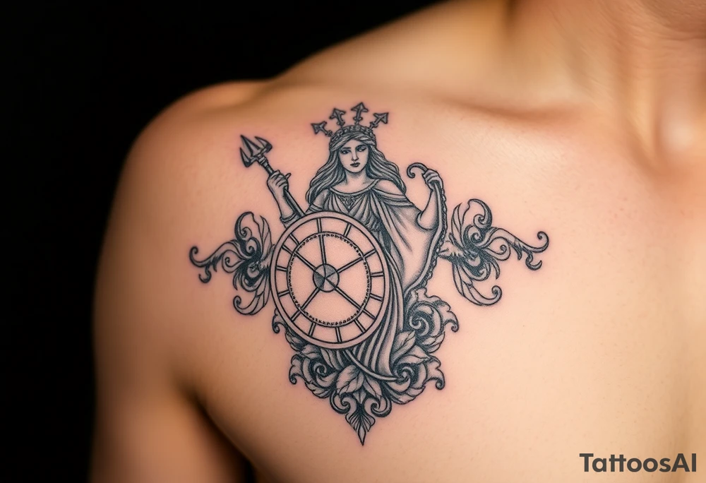 The goddess Athena with her Medusa shield and spear surrounded by Greek flourished designs on right arm tattoo idea