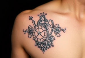 The goddess Athena with her Medusa shield and spear surrounded by Greek flourished designs on right arm tattoo idea