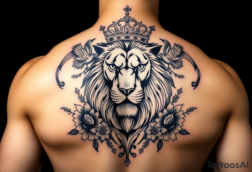 powerful majestic lion with a crown, surrounded by floral ornaments and birds tattoo idea