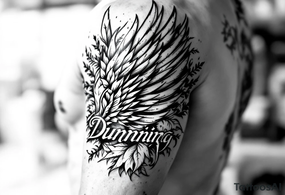 Dunning,on left arm details include angel wing, greek type of font,jungle leaves , tiger claw scratch tattoo idea