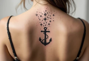 The Virgo zodiac sign in black anchors a trail of pastel-colored stars that form the constellation on the upper spine. tattoo idea