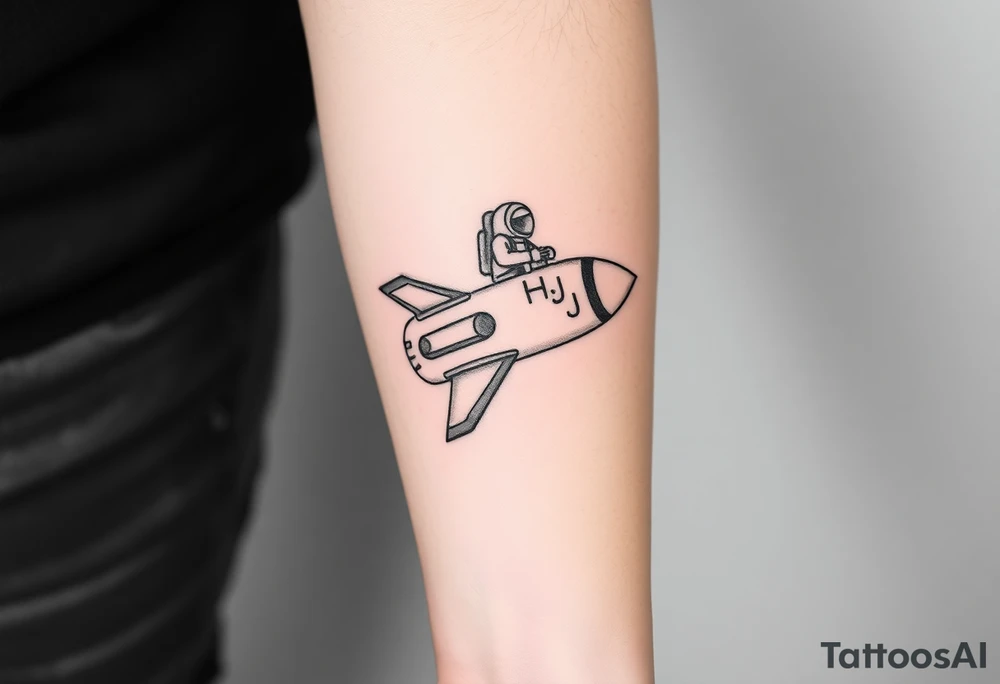Busted Rocket ship with sparks coming out the back  with astronaut riding it. It has LHS written on it and K and J on the nose tattoo idea
