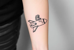 Busted Rocket ship with sparks coming out the back  with astronaut riding it. It has LHS written on it and K and J on the nose tattoo idea