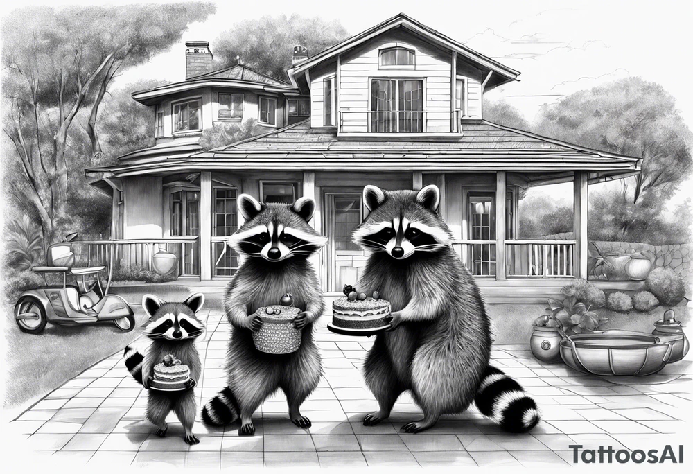 Raccoon Family in Front of her New villa with Pool.
The Husband hast Tools in His Hands.
The wife holds a cake.
The Childs plays with a ball tattoo idea