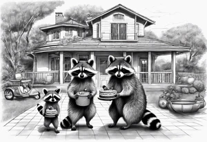 Raccoon Family in Front of her New villa with Pool.
The Husband hast Tools in His Hands.
The wife holds a cake.
The Childs plays with a ball tattoo idea