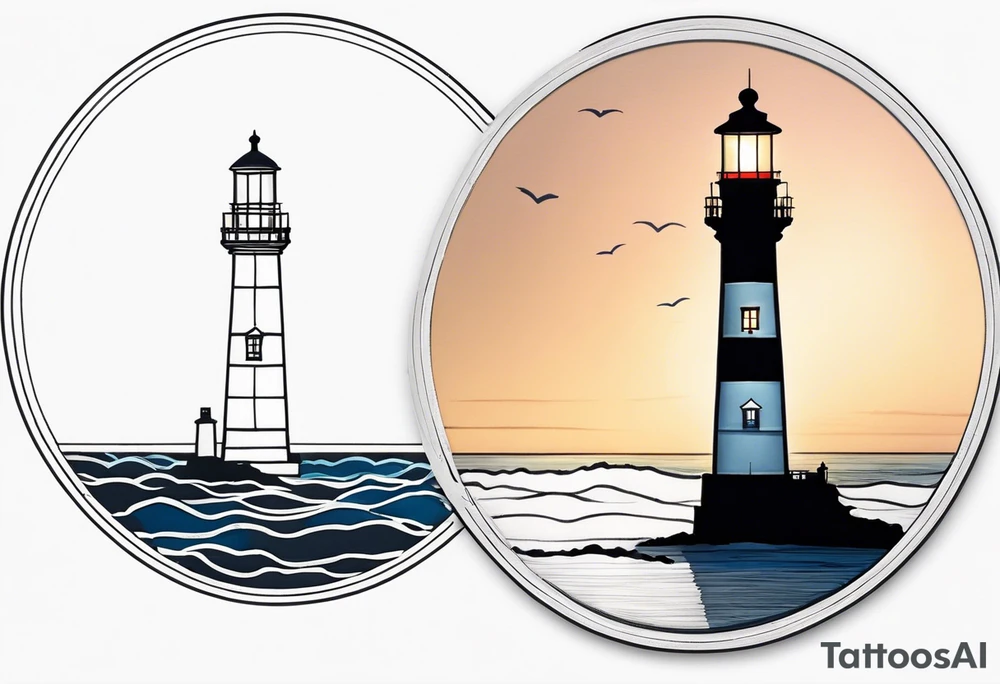 lighthouse a bit realist, evening, circle framed and ocean tattoo idea