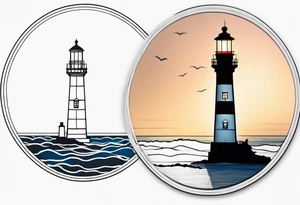 lighthouse a bit realist, evening, circle framed and ocean tattoo idea