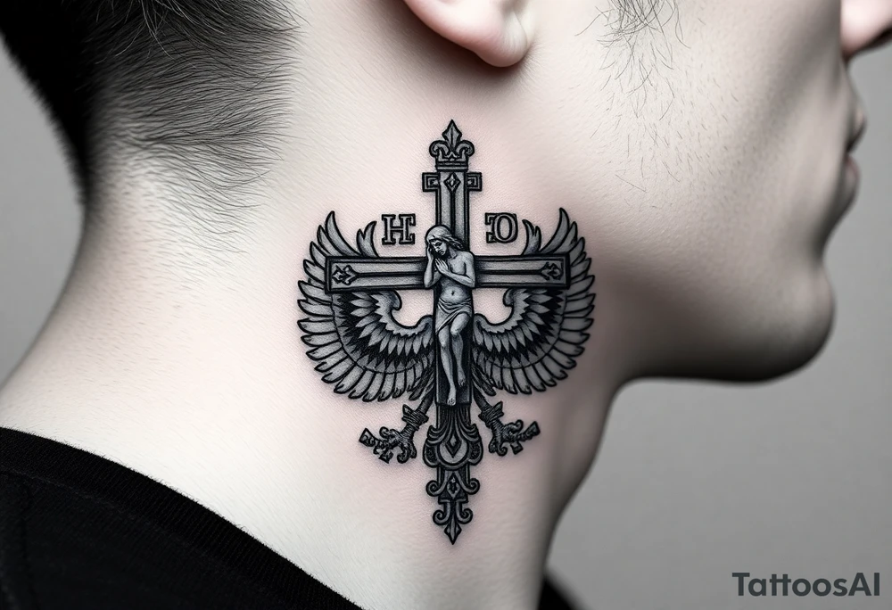 Traditional orthodox ICXC Christian cross with Jesus Christ on the cross also with the foot rest part of the cross in a Russian double headed eagle Kremlin setting tattoo idea