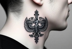 Traditional orthodox ICXC Christian cross with Jesus Christ on the cross also with the foot rest part of the cross in a Russian double headed eagle Kremlin setting tattoo idea