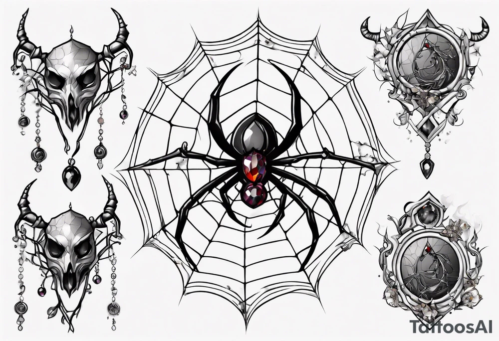 Spider in a spiral spiderweb with jewels and shattered chalices and spiral unicorn horn. tattoo idea