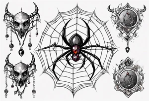 Spider in a spiral spiderweb with jewels and shattered chalices and spiral unicorn horn. tattoo idea