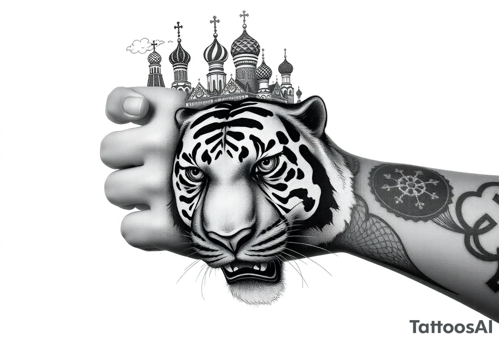 Realistic tiger face on the back of the hand with strong contrast and fine detail with all black eyes. then a highly detailed Russian Orthodox cathedral sitting above on the top fore arm with onion domes and orthodox crosses, done in fine line, engraving-like style. Cohesive composition, black ink only, no color, high contrast, slightly aged, documentary-style, plain light background. with clouds above and a virgin mary tattoo idea