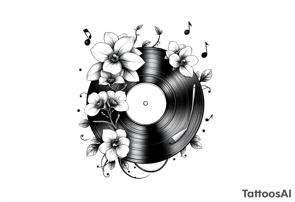 vinyl record player with mushrooms, orchids, and music notes around it tattoo idea