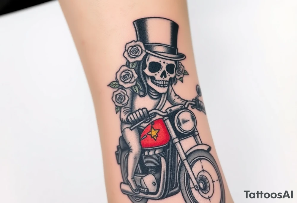 create an decorated "day of the dead skull" wearing a top hat with roses who is riding a Triumph motorcycle tattoo idea