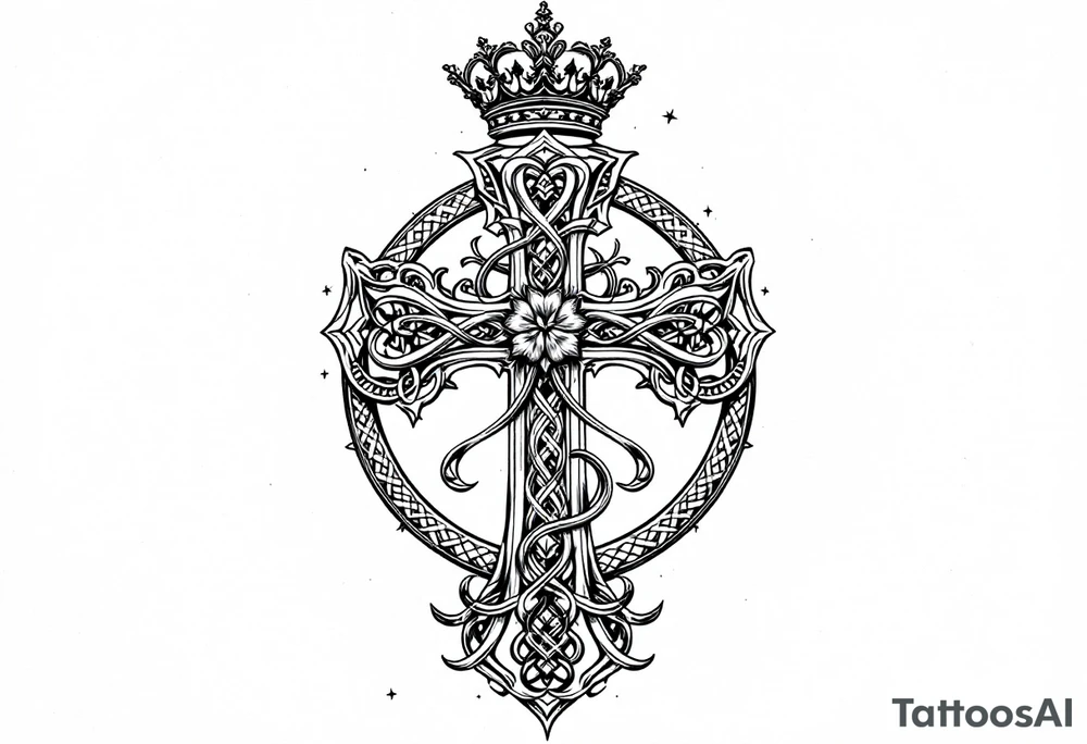 detailed irish celtic cross with a four leaf clover being surrounded by other celtic elements and a crown above the cross tattoo idea