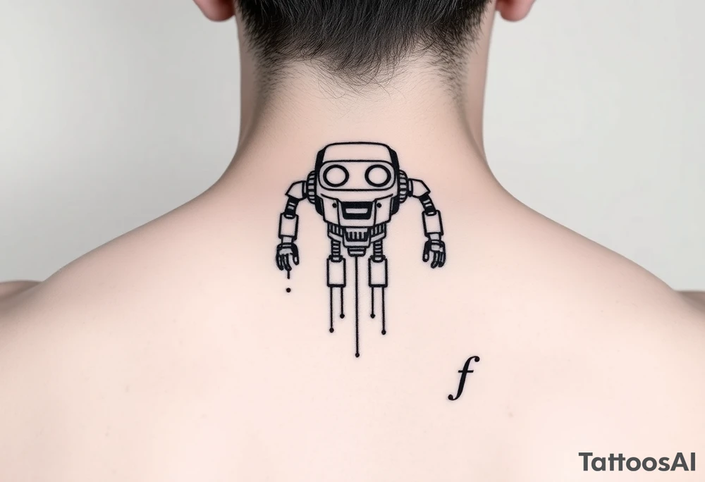 start with a simple line-art robot—give it a subtle glitch effect by offsetting a few circuit lines. Then add the code phrase below or beside it. For his side, mirror that same robot design, but keep the lines clean, and add the "fixed" code phrase. tattoo idea