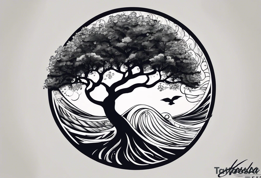 A tattoo of an abstract Tree of Life tattoo to be placed directly on the bicep of a woman. It can wrap around the arm a little. It should have roots growing out of the bottom. The roots slowly turn into water from the Great Wave by Hokusai. A golf flag should be placed discreetly growing out of the ground. 2 license plate tags should be hanging from the tree. Place a few music notes in the areas the leaves should be. The letters A U should be engraving into the tree trunk in a heart. tattoo idea
