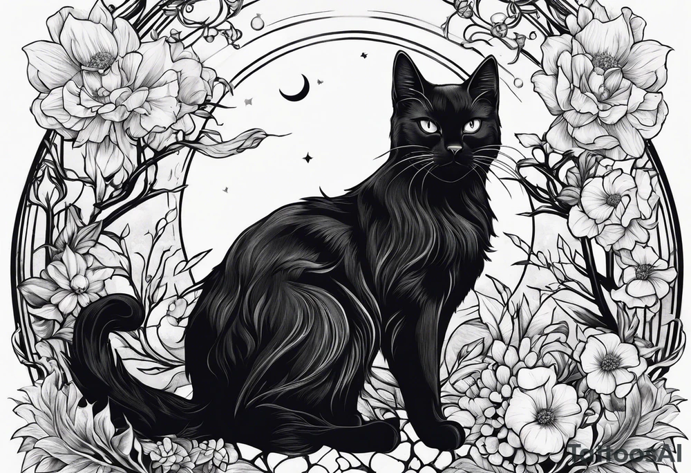 Ethereal witchy garden black cat tattoo idea