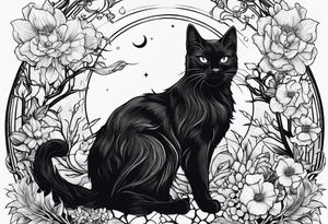 Ethereal witchy garden black cat tattoo idea