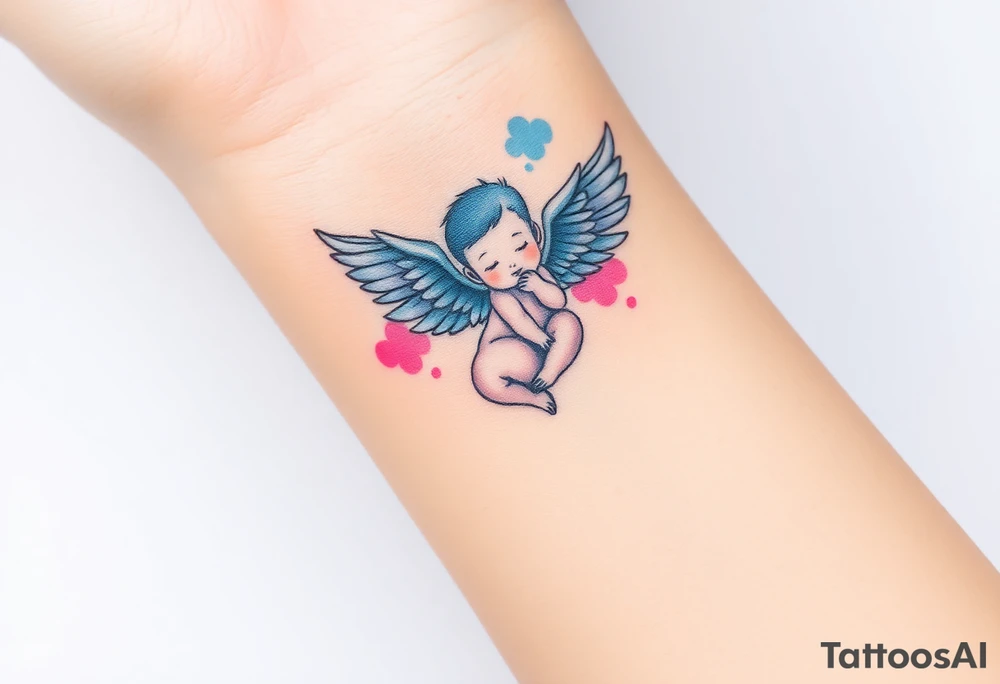 Winged baby, blue and pink watercolor, clouds tattoo idea