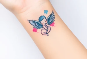 Winged baby, blue and pink watercolor, clouds tattoo idea