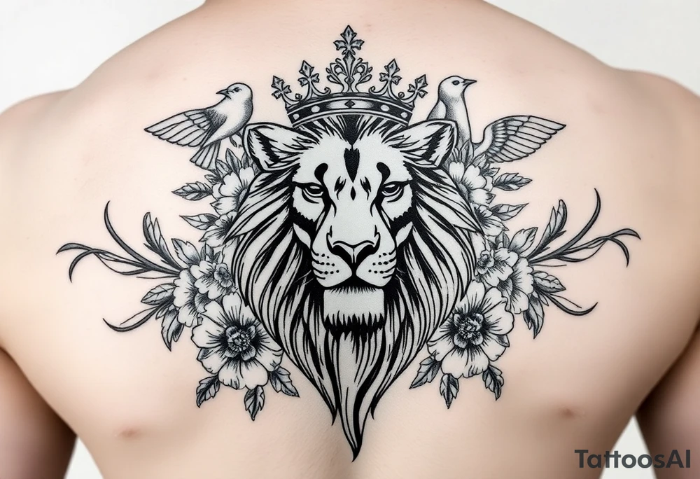 powerful majestic lion with a crown, surrounded by floral ornaments and birds tattoo idea