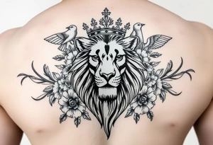 powerful majestic lion with a crown, surrounded by floral ornaments and birds tattoo idea