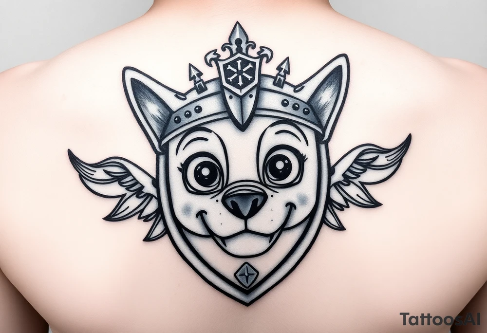 A realistic paw patrol print with a knight's crest, adorned with metallic details, symbolizing bravery and protection. tattoo idea