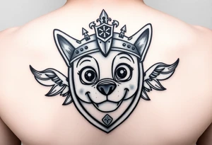 A realistic paw patrol print with a knight's crest, adorned with metallic details, symbolizing bravery and protection. tattoo idea