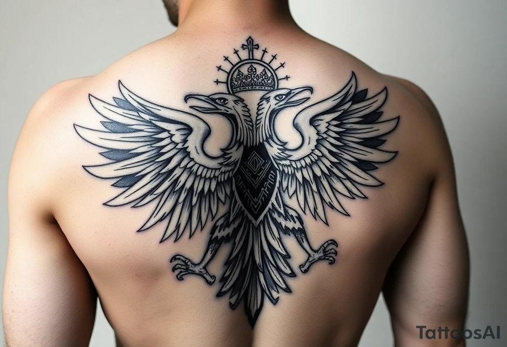 i am looking at getting a russian / serbian style double headed eagle like the coat of arms spread out on my back neck across my shoulders / traps in a orthodox christian church style setting with a sun beaming and in a mountainous setting, such as a Sovereign of the Mountain tattoo idea