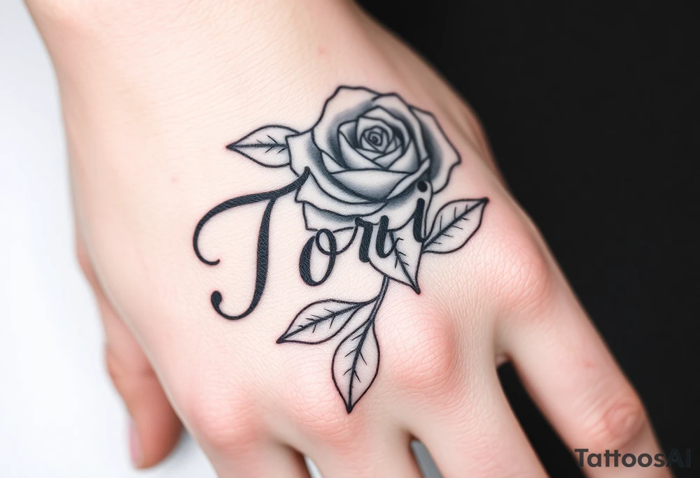 Name Tori with big rose tattoo idea