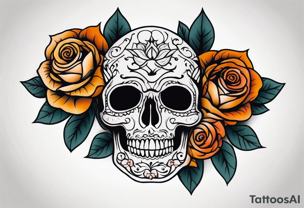 traditional Knee tattoo in fall colors showing a large skull with a rose in the style of Mark Mahoney tattoo idea