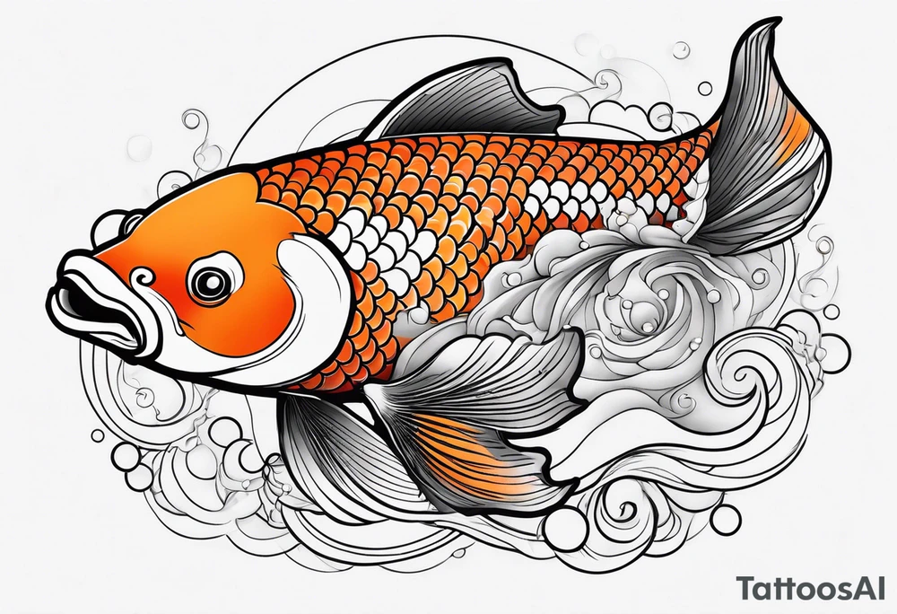 koi fish with a little narrow body, elongated fins, trimmed with pearls, ginkgo leaves around, minimal color, sketch technic, gradient lines theme tattoo idea