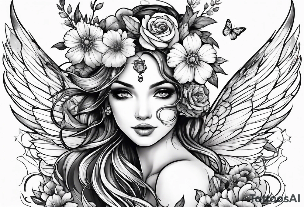 Flying Fairy with flowers tattoo idea